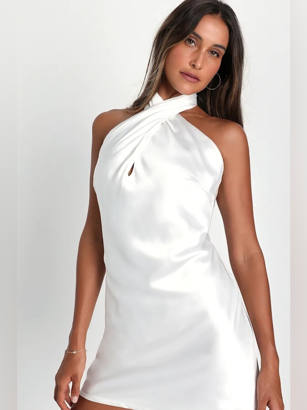 Lulus Beyond Classy White Satin Halter Mini Dress Size L NWT Party Cocktail